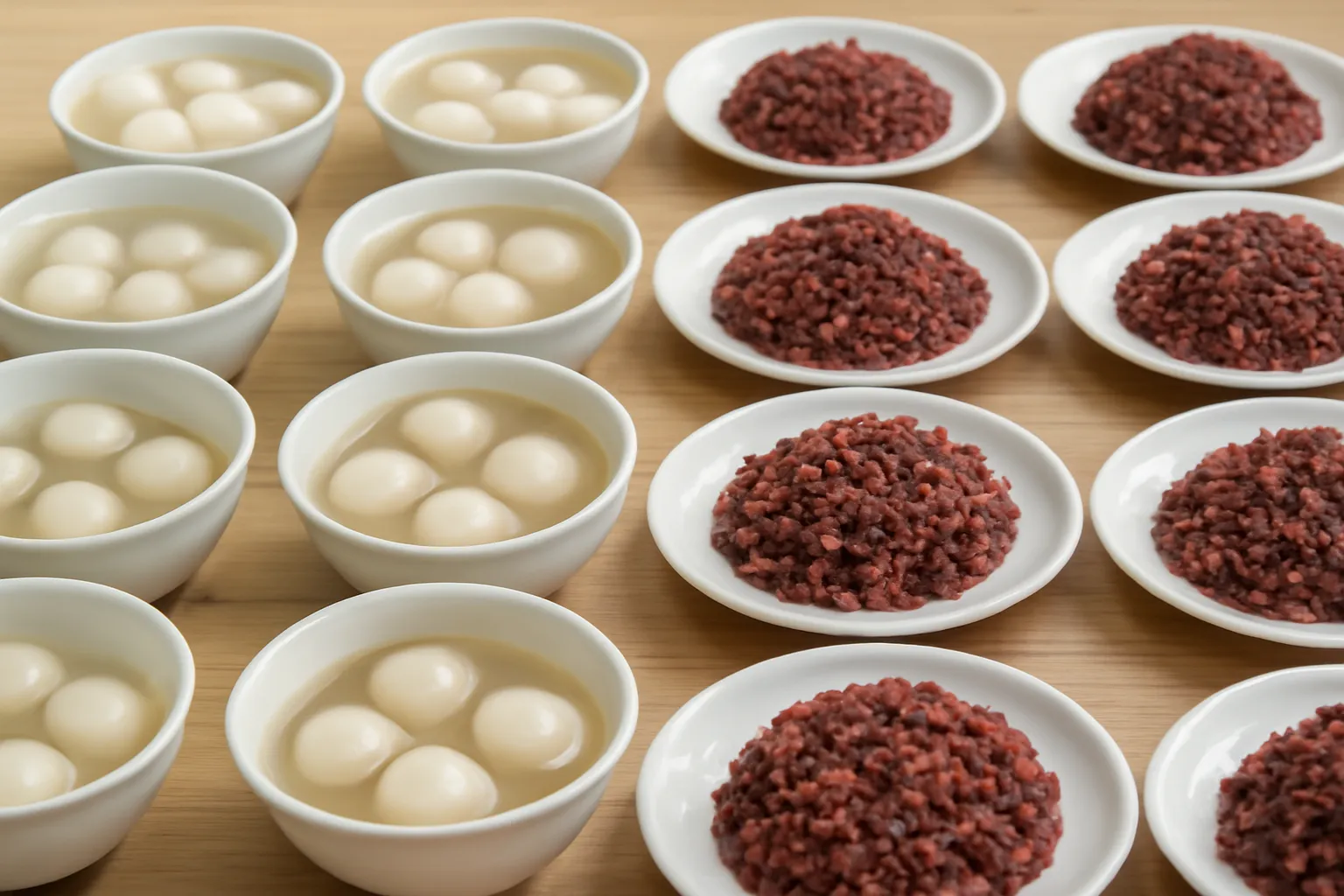Những bát chè trôi nước và đĩa xôi gấc xếp thành hàng