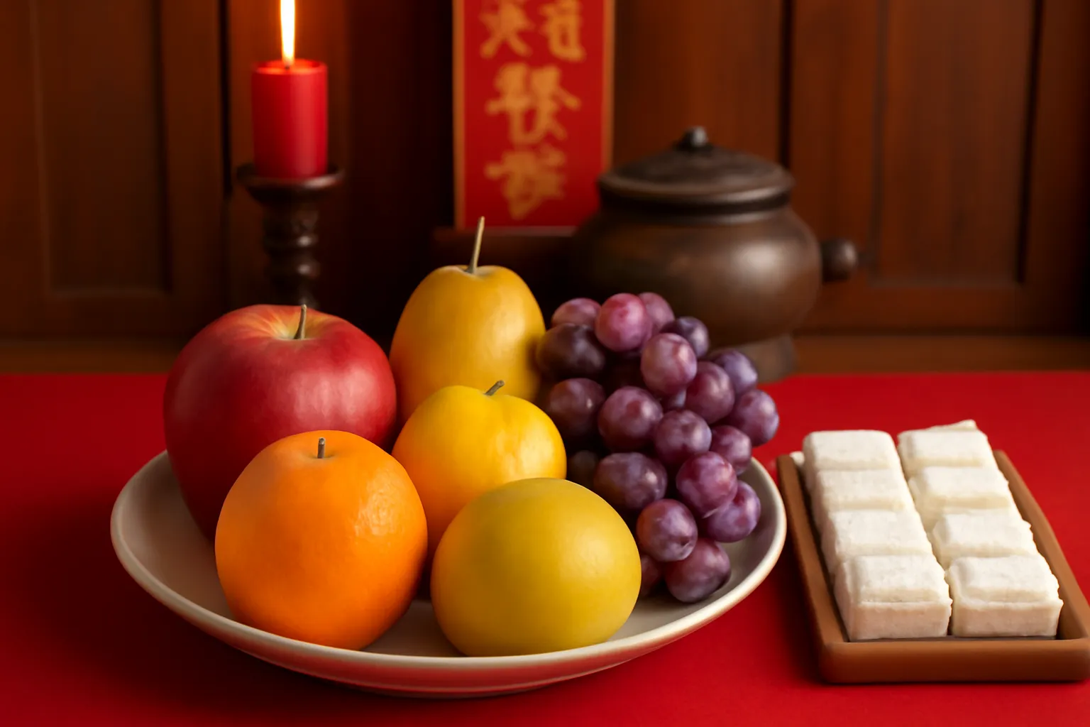 Mâm ngũ quả và bánh chưng bày trên bàn thờ ngày Tết