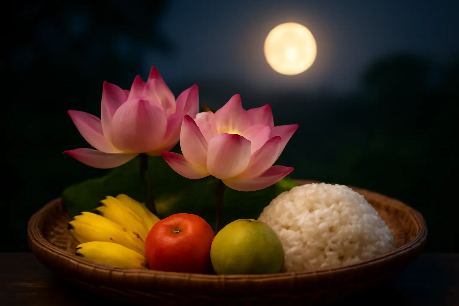 Mâm cúng với hoa sen, xôi và trái cây trong ngày rằm tháng bảy